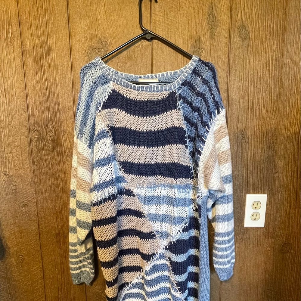 JJ Fargo Handknits Striped Patchwork Sweater - Blue and Cream